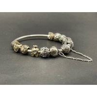 Ladies Mixed 925 Sterling Silver and 9 Carat Gold Round Bangle And Charms