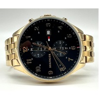 Tommy Hilfiger Mens Multifunction Watch Black Dial Yellow Gold Bracelet Quartz