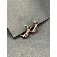 Ladies 9ct Yellow Gold Red Gemstone Huggie Hoop Earrings