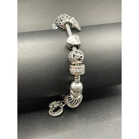 Ladies 925 Sterling Silver Snake Link Bracelet and Charms