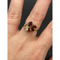 Ladies 9ct Yellow Gold Red Gemstones and Diamonds Ring