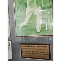 Sir Donald Bradman Signed Framed Tribute 3 Photos 2 Stamps and Career Highlights