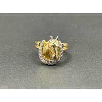 Mens 18ct Yellow Gold Horse Cubic Zirconia Ring