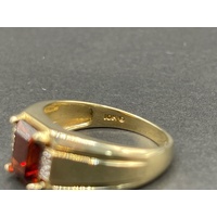 Mens 10ct Yellow Gold Red Gemstone and Diamonds Ring