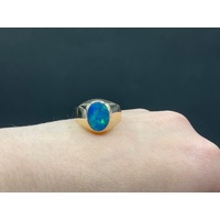 Mens 9ct Yellow Gold Blue Opal Ring