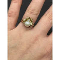 Ladies 18ct Yellow Gold White Pearl Diamond Ring