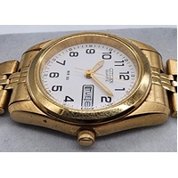 Citizen Quartz Ladies Gold Tone Watch White Dial Day Date 5 Bar WR