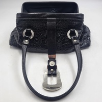 Ralph Raviani Black Leather Satchel Handbag Croc Embossed Rhinestone Buckle