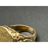 Mens 22ct Yellow Gold Round Sovereign Coin Set In 9ct Ring