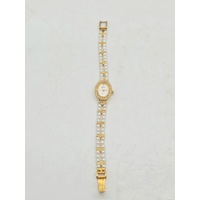 Felicia Ladies Quartz Watch Gold Tone Crystal Bezel Faux Pearl Band