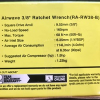 Ryobi Airwave RA-RW38-B 3/8" Air Ratchet Wrench 68Nm Pneumatic Tool New