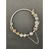 Ladies Mixed 925 Sterling Silver and 9 Carat Gold Round Bangle And Charms
