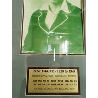 Sir Donald Bradman Signed Framed Tribute 3 Photos 2 Stamps and Career Highlights