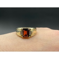 Mens 10ct Yellow Gold Red Gemstone and Diamonds Ring