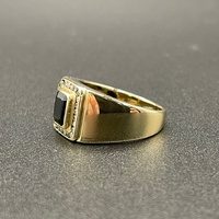 Mens 9ct Yellow Gold Black Gemstone and Diamonds Ring