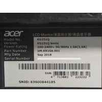 Acer KG251Q bmiix 24.5 Inch FHD LCD Monitor 75Hz HDMI VGA Gaming