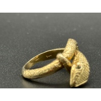 Unisex 9ct Yellow Gold Green Eyed Snake Ring 
