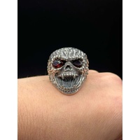 Mens 925 Sterling Silver Red Stone Skull Ring