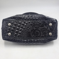 Ralph Raviani Black Leather Satchel Handbag Croc Embossed Rhinestone Buckle