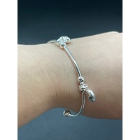 Ladies 925 Sterling Silver Cuff Bangle with Heart Charms (NEW)