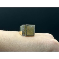 Mens 14ct Yellow Gold Green Gemstone and Diamonds Ring