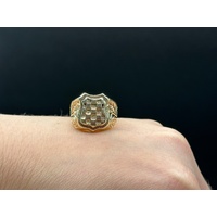Mens 9ct Yellow Gold Checkered Shield Ring