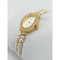 Felicia Ladies Quartz Watch Gold Tone Crystal Bezel Faux Pearl Band