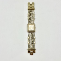 Guess W0140L2 Ladies Silk Silver Pearl Charm Watch Gold Tone Dial