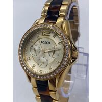 Fossil Ladies Watch Stainless Steel Gold Tone with Brown Leopard Print