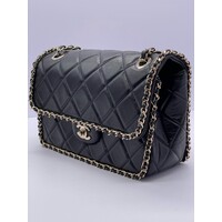 Black Quilted Quilted Calfskin Medium Running Chain Around Flap Handbag