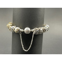Ladies Mixed 925 Sterling Silver and 9 Carat Gold Round Bangle And Charms