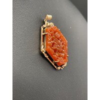 Ladies 9ct Yellow Gold Red Jade Pendant (Pre-Owned)