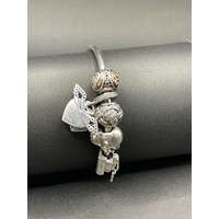 Ladies 925 Sterling Silver Round Bangle And Charms