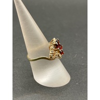 Ladies 9ct Yellow Gold Red Gemstones and Diamonds Ring