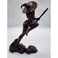 Nude Witch on Broom Bronze Statue 27cm High x 15cm Wide