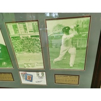 Sir Donald Bradman Signed Framed Tribute 3 Photos 2 Stamps and Career Highlights