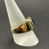 Mens 9ct Yellow Gold Black Gemstone and Diamonds Ring