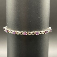 Ladies 925 Sterling Silver Fancy Link Purple Gemstone Bracelet
