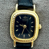 Seiko 2Y01-5A90 Ladies Quartz Watch Gold Tone Black Dial Leather Band