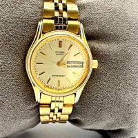 Citizen Quartz Gold Tone Day Date Watch Champagne Dial