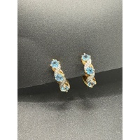 Ladies 9ct Yellow Gold Blue Gemstone & Diamond Huggie Hoop Earrings