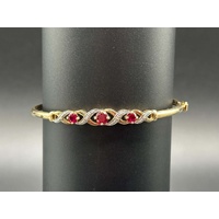 Ladies 9ct Yellow Gold Fancy Red Stone & Diamond Bangle