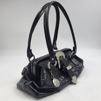 Ralph Raviani Black Leather Satchel Handbag Croc Embossed Rhinestone Buckle