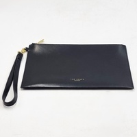 Ted Baker London Black Leather Envelope Wristlet Clutch Zip Pouch Gold Tones