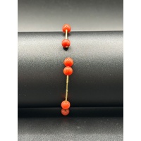 Ladies 18ct Yellow Gold Red Bead Cuff Bangle