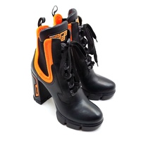 PRADA Runway Leather Neoprene Ankle Boots Black Orange Lace Up EU 37.5 Block Heel
