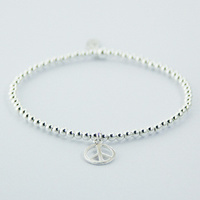 Sterling Silver Beads Stretch Bracelet with Peace Charm 4.15 Grams NEW