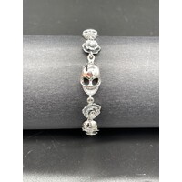 Unisex Sterling Silver Flower & Skull Bracelet (Brand New)