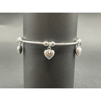 Ladies 925 Sterling Silver Cuff Bangle with Heart Charms (NEW)
