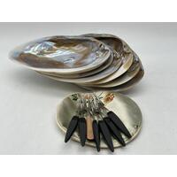Mother of Pearl Set 6 Plates and 7 Cocktail Forks Collectable Set with Box
